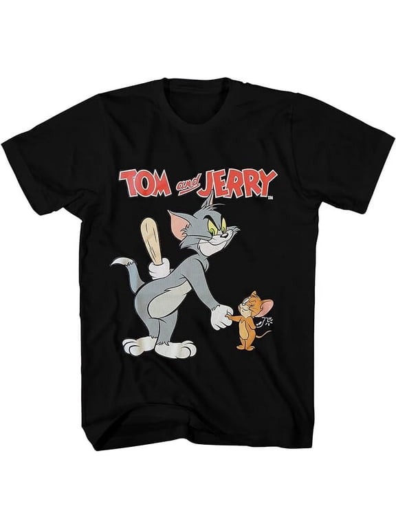 Tom & Jerry Battle Shirt, Vintage Cartoon Black T-Shirt - Unisex Adult, Small