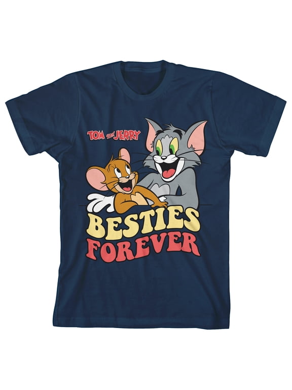 Tom & Jerry Besties Forever Retro Text Crew Neck Short Sleeve Navy Boy's T-shirt-Large