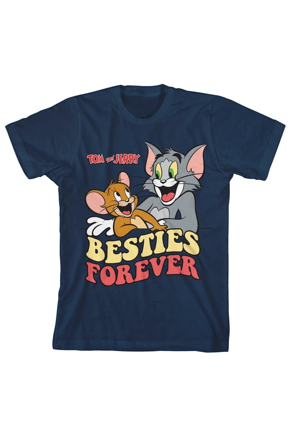 Tom & Jerry Besties Forever Retro Text Crew Neck Short Sleeve Navy Boy's T-shirt-Small