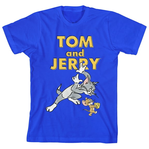 Tom & Jerry Brush Art Crew Neck Short Sleeve Royal Blue Boy's T-shirt-XS