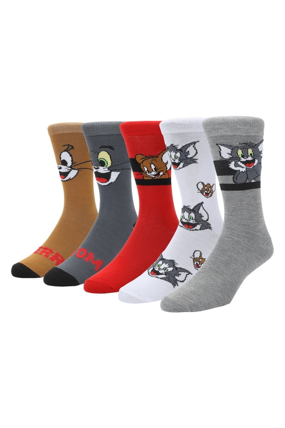 Tom & Jerry Character Big Face Mens Casual Crew Socks (Pack of 5)