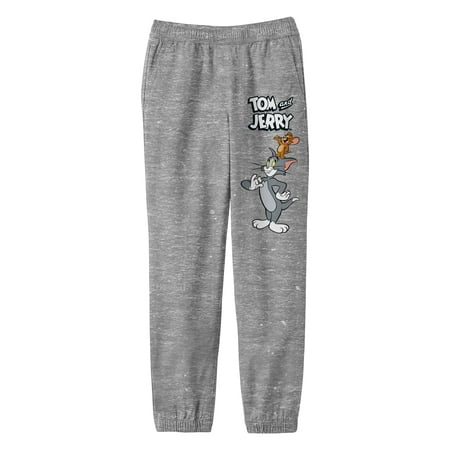Tom & Jerry Characters And Title Logo Youth Heather Gray Graphic Jogger Pants-Medium