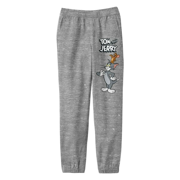 Tom & Jerry Characters And Title Logo Youth Heather Gray Graphic Jogger Pants-Medium