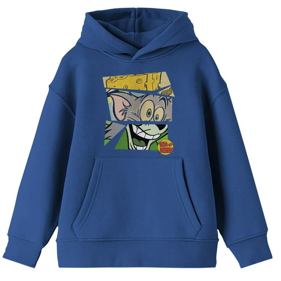 Tom & Jerry Characters Mashup Block Layout Long Sleeve Royal Blue Boy's Hooded Sweatshirt-XS
