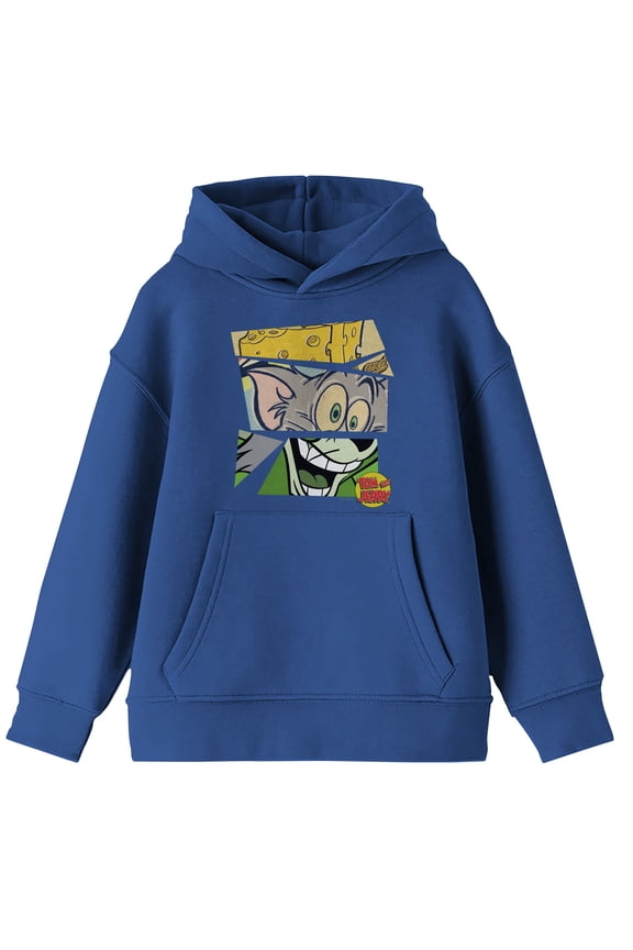 Tom & Jerry Characters Mashup Block Layout Long Sleeve Royal Blue Boy's Hooded Sweatshirt-XS