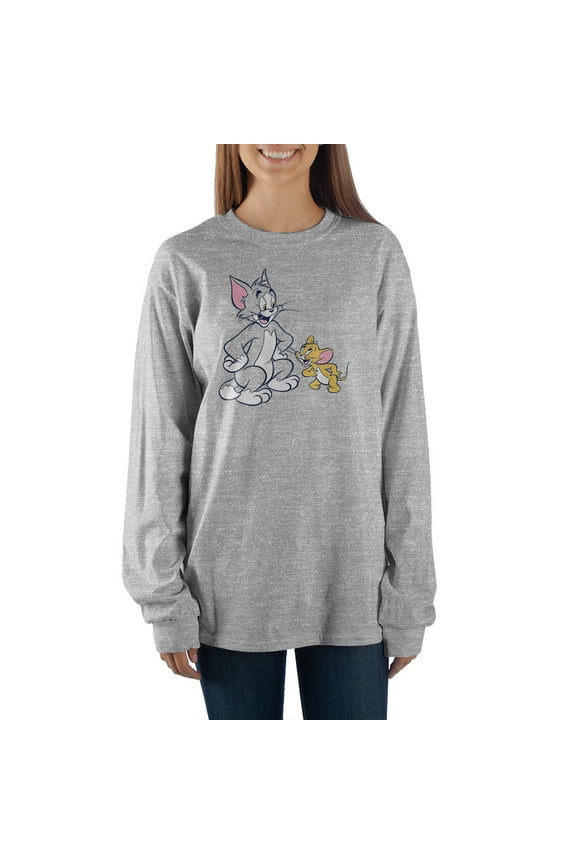 Tom & Jerry Classic Cartoon Characters Heather Grey Long Sleeve Shirt - M
