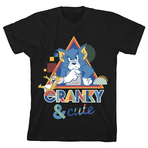 Tom & Jerry Cranky and Cute Boy's Black T-shirt-XL