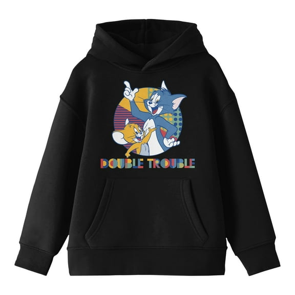 Tom & Jerry Double Trouble Long Sleeve Boys' Black Hooded Sweatshirt-Small