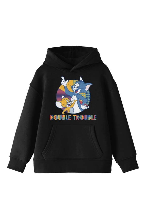 Tom & Jerry Double Trouble Long Sleeve Boys' Black Hooded Sweatshirt-Small