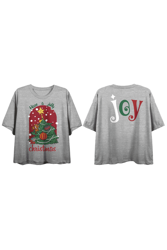 Tom & Jerry Have A Jolly Christmas Crew Neck Short Sleeve Gray Heather Women's Crop Top-Large