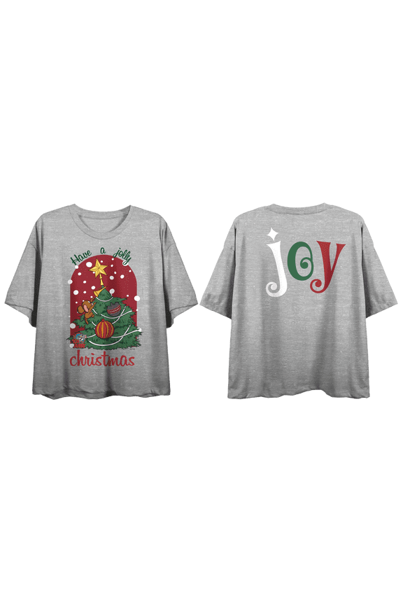 Tom & Jerry Have A Jolly Christmas Crew Neck Short Sleeve Gray Heather Women's Crop Top-XL