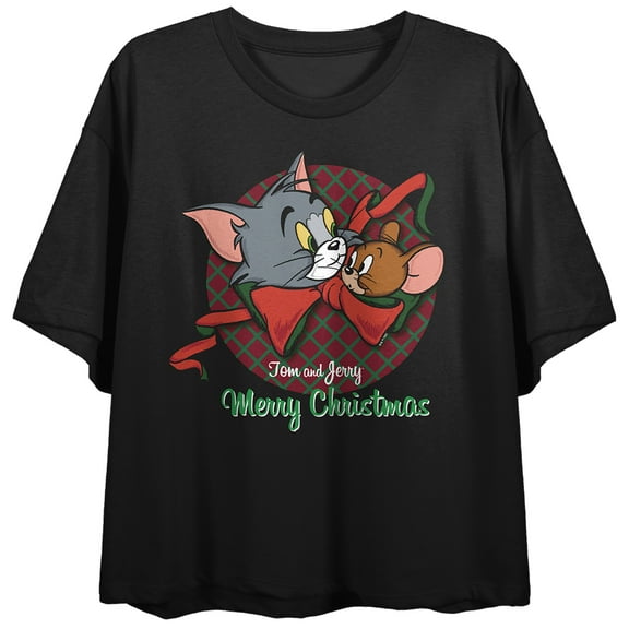 Tom & Jerry Hope Your Christmas Twinkles Crew Neck Short Sleeve Women's Black Crop Top-Medium