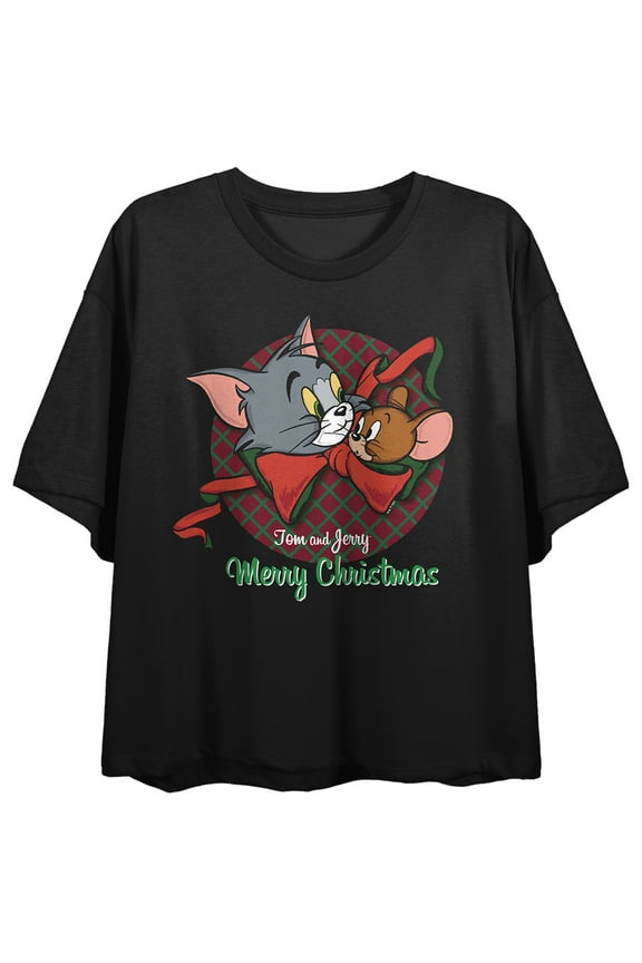 Tom & Jerry Hope Your Christmas Twinkles Crew Neck Short Sleeve Women's Black Crop Top-Small