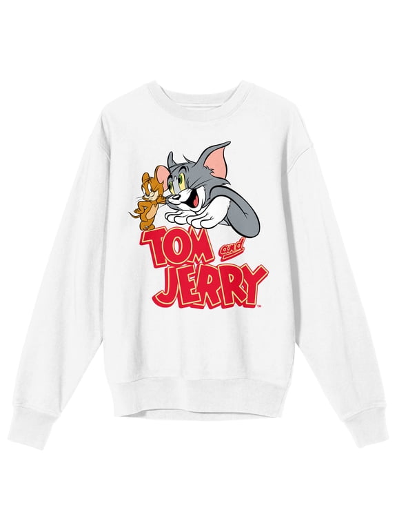 Tom & Jerry Key Art Long Sleeve Crew Neck Women's White Fleece Pullover-Large