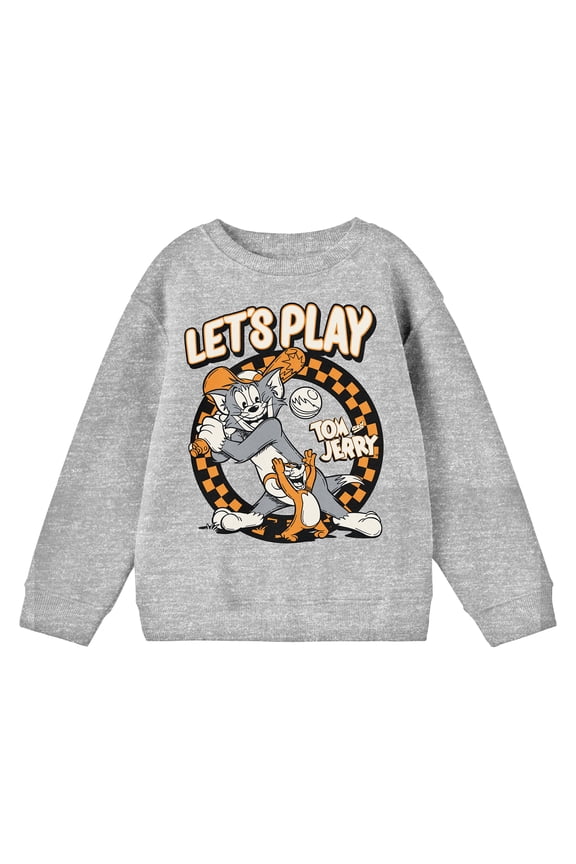Tom & Jerry Let's Play Crew Neck Long Sleeve Athletic Heather Boy's Sweatshirt-Medium