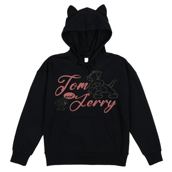 Tom & Jerry Line Art Adult Black Long Sleeve Hooded Sweatshirt With 3D Ears-XS