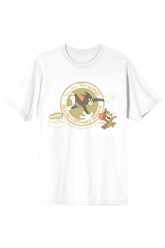 Tom & Jerry Mouse Catching Service Mens White Graphic Tee- S