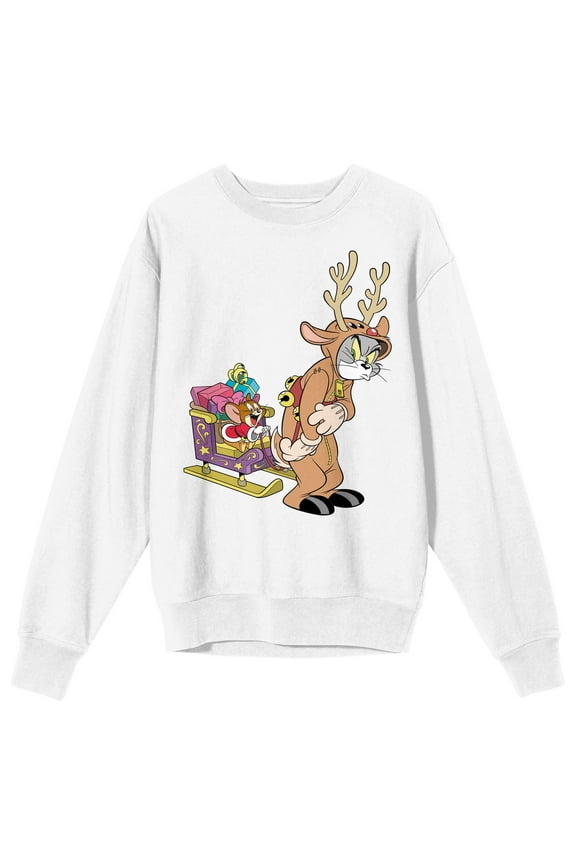 Tom & Jerry Reindeer Tom And Santa Jerry Crew Neck Long Sleeve Women's White Sweatshirt-Small