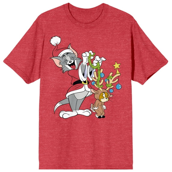Tom & Jerry Santa Tom And Reindeer Jerry Women's Red Heather T-Shirt-XXL