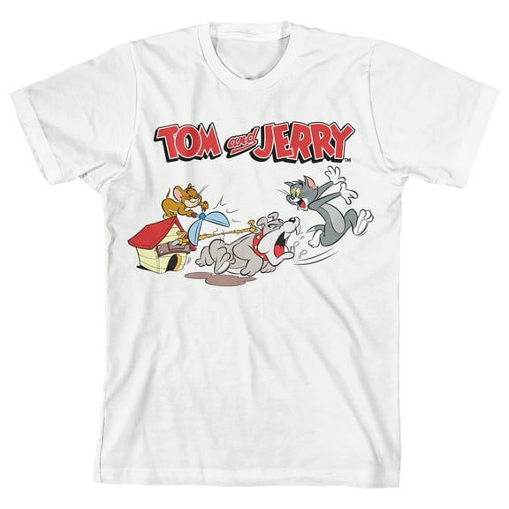 Tom & Jerry Spike Chasing Tom Crew Neck Short Sleeve Boys' White T-shirt-Large