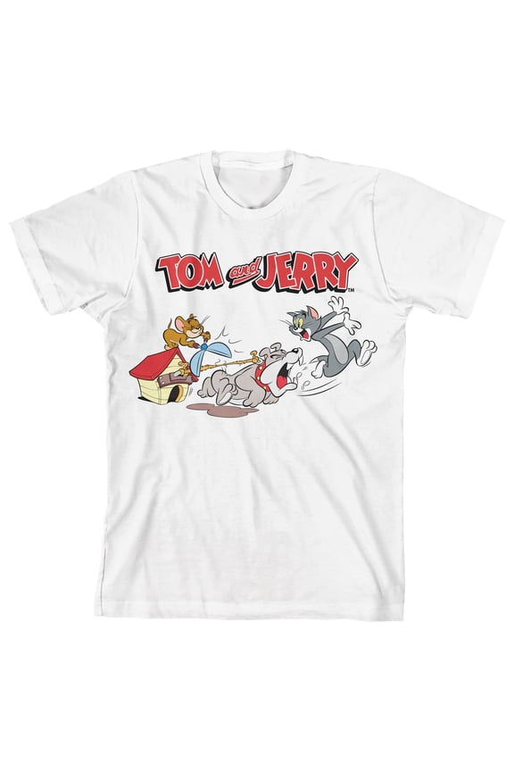 Tom & Jerry Spike Chasing Tom Crew Neck Short Sleeve Toddler Boy's White T-shirt-4T