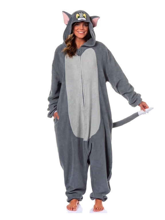 Tom & Jerry Union Suit Tom Kigurumi Fleece Hooded Costume Pajama for Men Women Loungewear Sleepwear