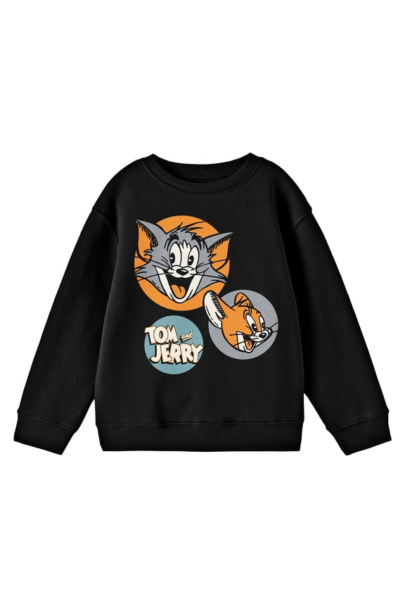 Tom & Jerry Vintage Character Circles Crew Neck Long Sleeve Boys' Black Sweatshirt-Medium