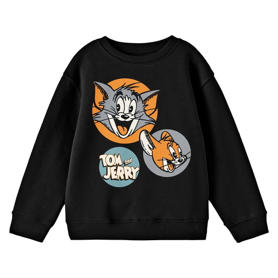 Tom & Jerry Vintage Character Circles Crew Neck Long Sleeve Boys' Black Sweatshirt-Small