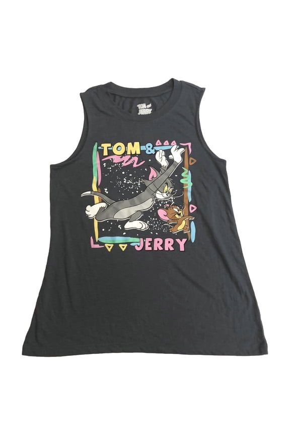 Tom & Jerry Womens (Jrs) Gray Cat & Mouse Tank Top Shirt Small