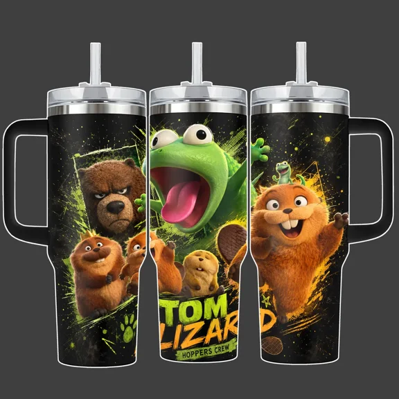 Tom Lizard Hoppers Crew Cartoon Animal Tumbler Cup, Green Orange Funny Forest Crew Full Wrap Stainless Steel Insulated Tumbler 40oz With Straw Lid Included, 40oz Handle Option