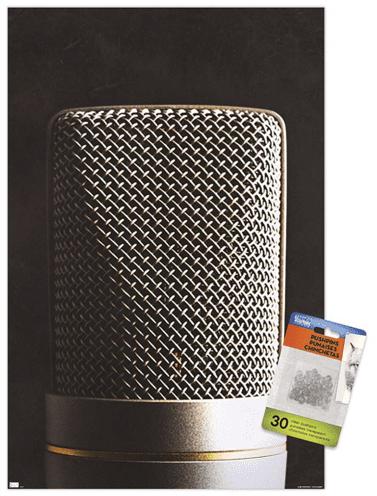 Tom Quartermaine - Retro Microphone Wall Poster with Pushpins, 14.725" x 22.375"