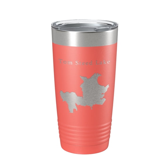 Tom Steed Lake Map Tumbler Travel Mug Insulated Laser Engraved Coffee Cup Oklahoma 20 oz Coral