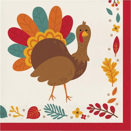 Creative Converting Thanksgiving Turkey Napkins, 6.5 x 6.5, Burgundy, Orange, Green, and Ivory