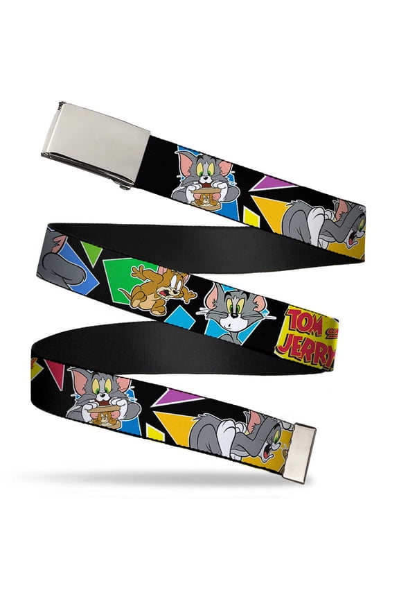 Adjustable Belt, Clamp Buckle, Cut-to-Fit, Tom Jerry Poses Black Multi Color