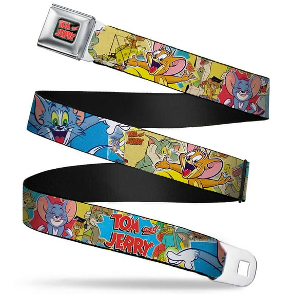 Tom and Jerry Belt, Seatbelt Buckle Belt, Tom Jerry Faces Stacked Scene Panels, 32 to 52 Inches