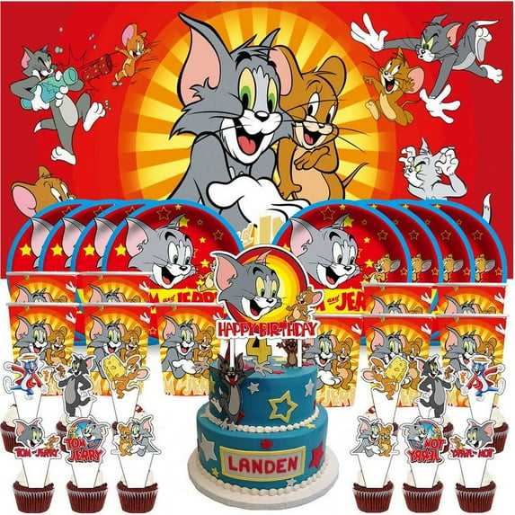 Tom and Jerry Birthday Cups Party Supplies Decor Backdrop Paper Plates Fans Decorations Banner
