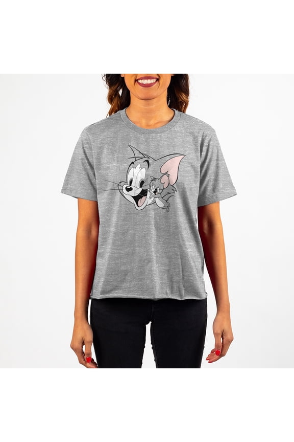 Tom and Jerry Classic Cartoon Characters Juniors Grey Crop Tee Shirt - S
