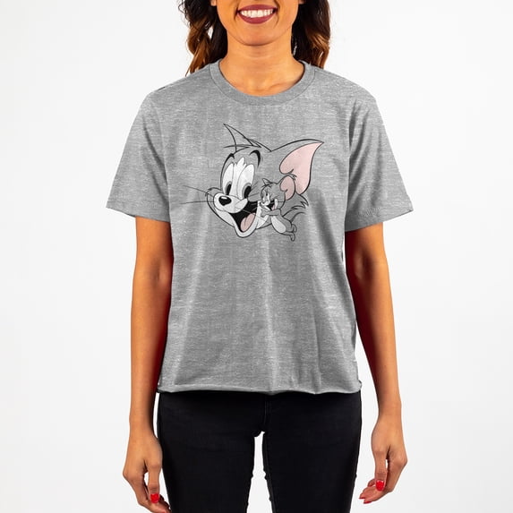 Tom and Jerry Classic Cartoon Characters Juniors Grey Crop Tee Shirt - S