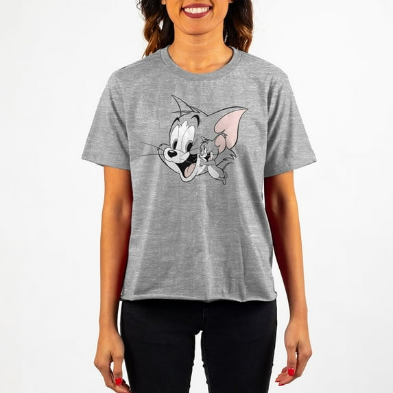 Tom and Jerry Classic Cartoon Characters Juniors Grey Crop Tee Shirt -XL