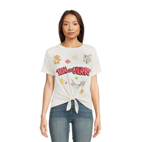 Tom and Jerry Juniors' Tie Front Graphic Tee, Sizes XS-3XL