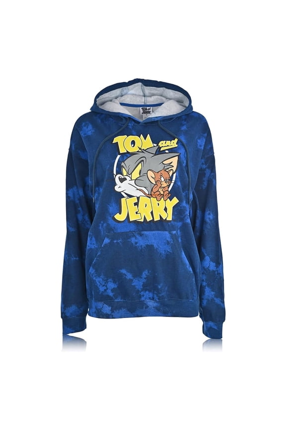 Tom and Jerry Mens Hoodie, Graphic Print Classic Cartoon Sweatshirt Blue Dye – S