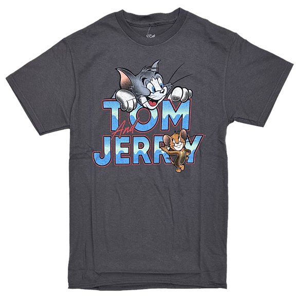 Tom and Jerry Men's Official Merchandise Capital Letter Logo Tee T-Shirt (Large, Charcoal)