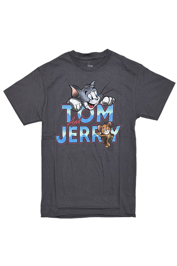Tom and Jerry Men's Official Merchandise Capital Letter Logo Tee T-Shirt (Large, Charcoal)