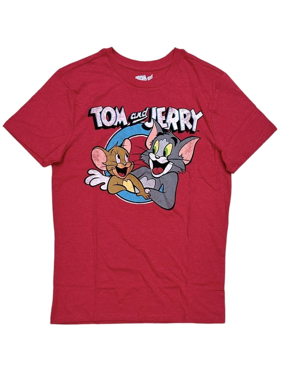 Tom and Jerry Men's Officially Licensed Distressed Graphic Print Tee T-Shirt (Medium, Red Heather)
