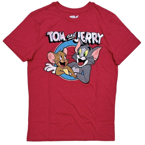 Tom and Jerry Men's Officially Licensed Distressed Graphic Print Tee T-Shirt (Small, Red Heather)