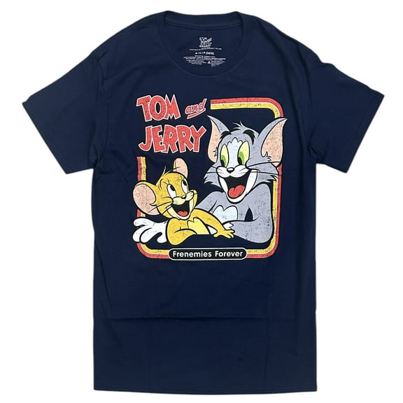 Tom and Jerry Men's T-Shirt Frenemies Forever Authentic Merch Short Sleeve Tee (Large, Navy)