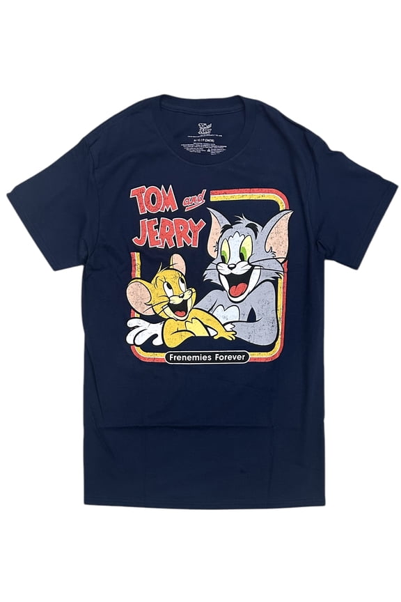 Tom and Jerry Men's T-Shirt Frenemies Forever Authentic Merch Short Sleeve Tee (Large, Navy)