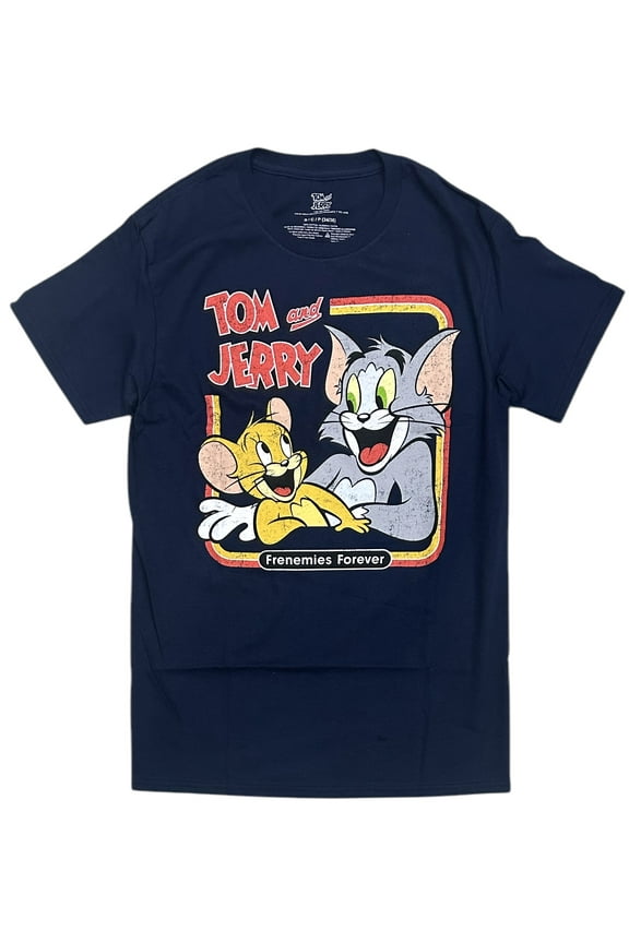 Tom and Jerry Men's T-Shirt Frenemies Forever Authentic Merch Short Sleeve Tee (Small, Navy)