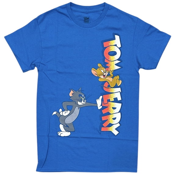 Tom and Jerry Men's T-Shirt Vertical Logo Authentic Merch Short Sleeve Tee (Large, Light Blue)