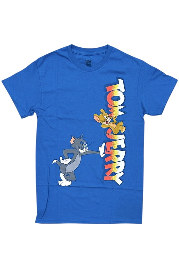 Tom and Jerry Men's T-Shirt Vertical Logo Authentic Merch Short Sleeve Tee (Large, Light Blue)